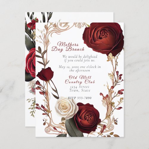  Mothers Day Brunch Elegant Red White Roses  Invitation