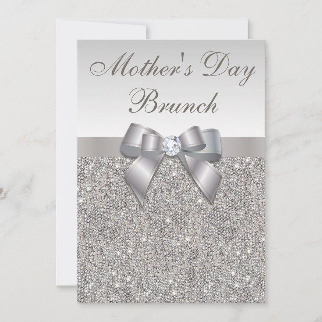 Mother's Day Brunch Faux Silver Jewels and Bow Invitation (Front)