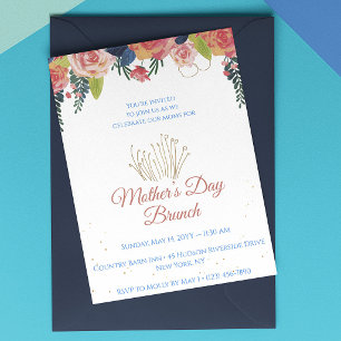 Mother's Day Brunch Floral Navy Blue & Rose Gold Invitation