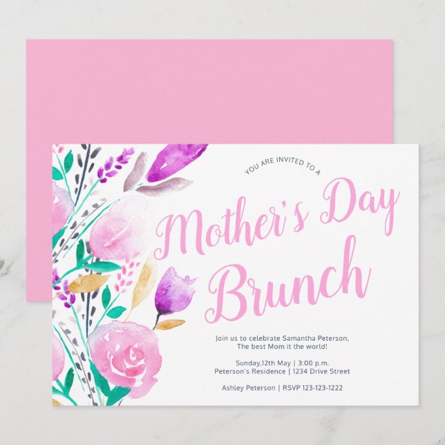 Mother's day brunch floral watercolor pink invitation (Front/Back)