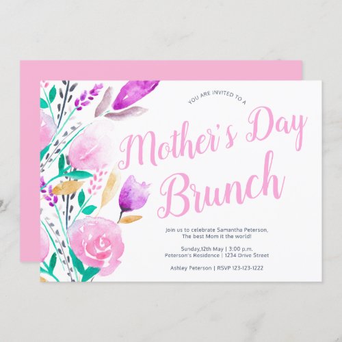 Mothers day brunch floral watercolor pink invitation