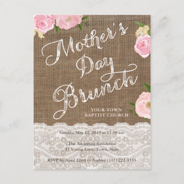 Mother's Day Brunch Invites, Rustic Pink Floral Postcard (Front)