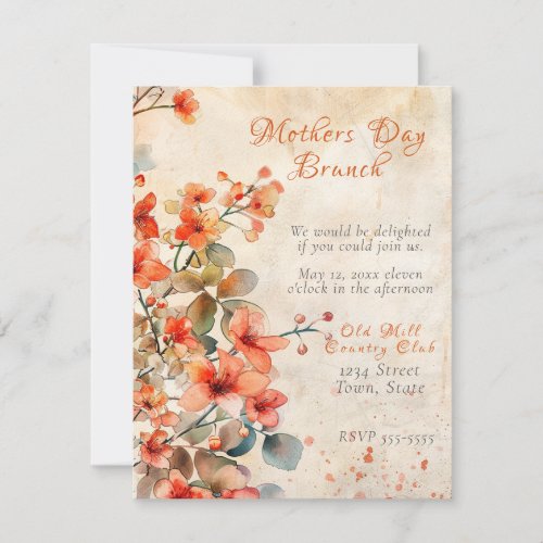  Mothers Day Brunch Peach Watercolor Flowers Invitation