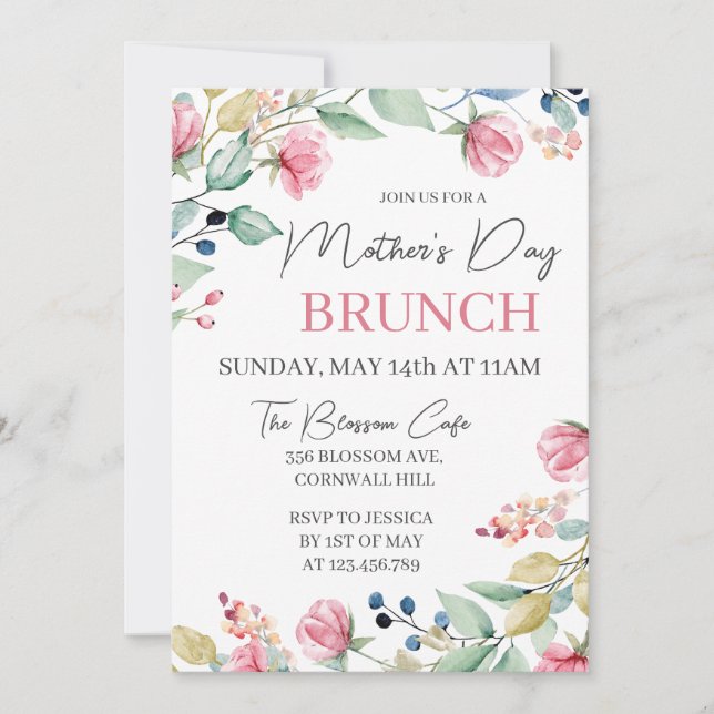 Mother's Day Brunch Pink Floral Greenery Invitation (Front)
