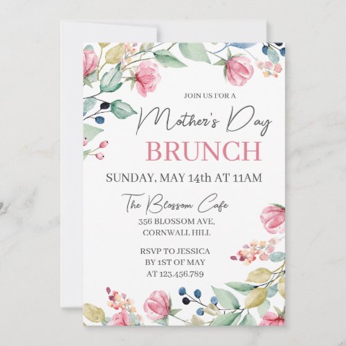 Mothers Day Brunch Pink Floral Greenery Invitation