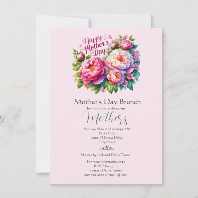  Mother's Day Brunch Pink Floral Holiday  Invitation (Front)