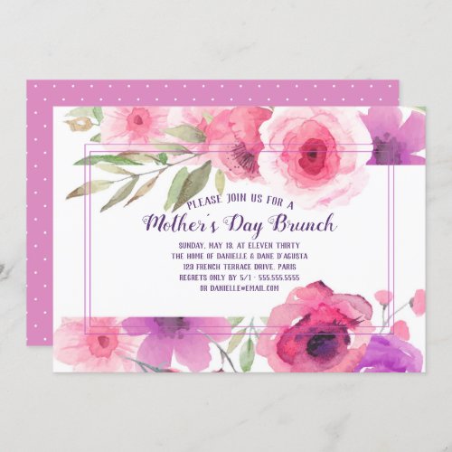 Mothers Day Brunch Pink Purple Watercolor Floral Invitation