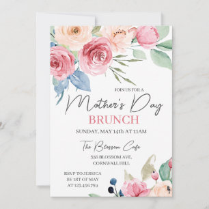 Mother's Day Brunch Pink Rose Watercolor Floral  Invitation