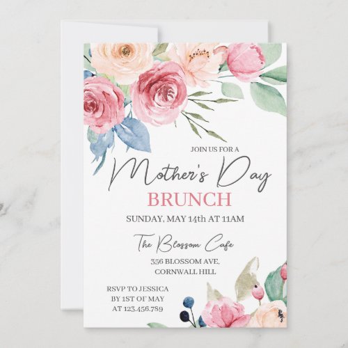 Mothers Day Brunch Pink Rose Watercolor Floral  Invitation