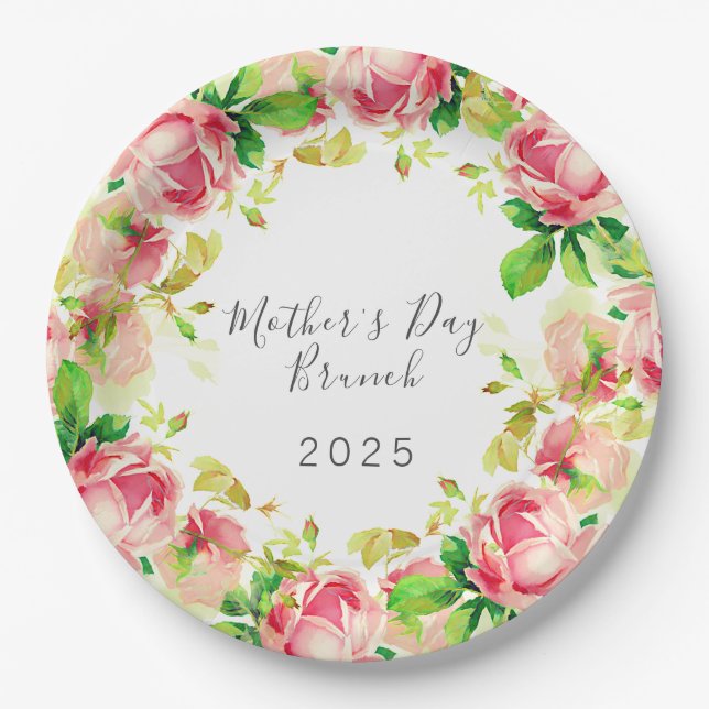  Mother's Day   Brunch  - pink  roses  Paper Plates (Front)