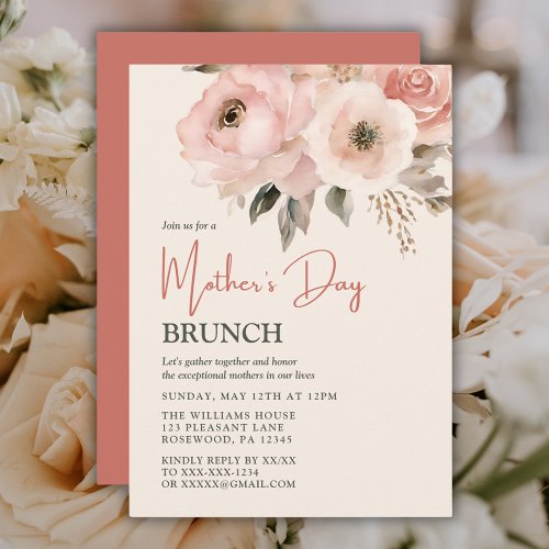 Mothers Day Brunch Pink Watercolor Floral Invitation