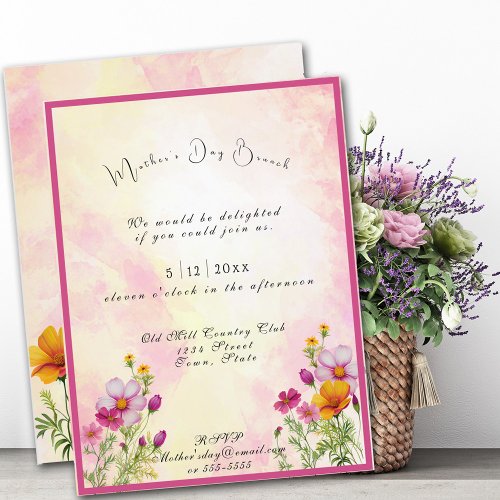 Mothers Day Brunch Pink Yellow Cosmos Flowers Invitation