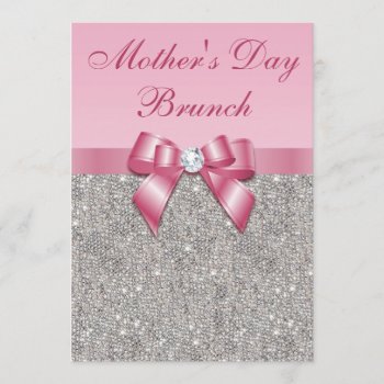 Mother's Day Brunch Silver Jewels Pink Faux Bow Invitation by GroovyGraphics at Zazzle