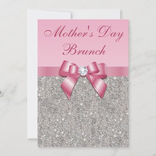 Mothers Day Brunch Silver Jewels Pink Faux Bow Invitation