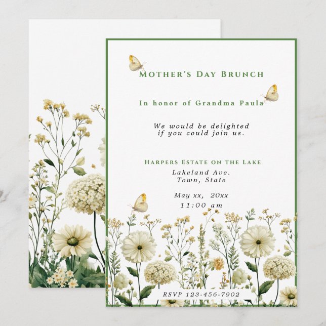  Mother's Day Brunch White Flowers Butterflies Invitation (Front/Back)
