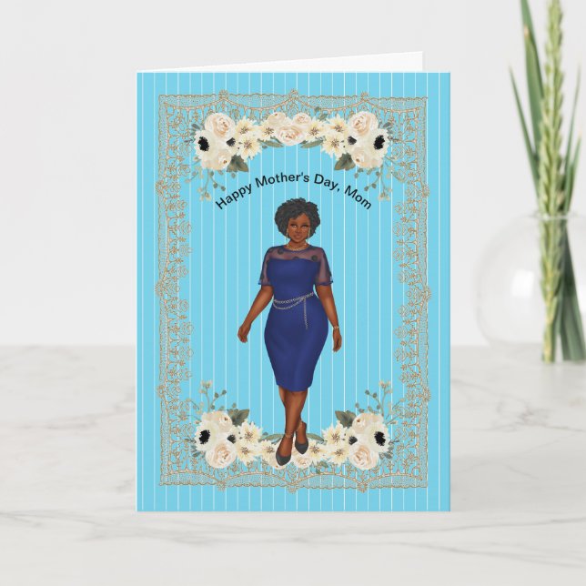 Mother's Day Card for Black Mom Blue with Flowers (Front)
