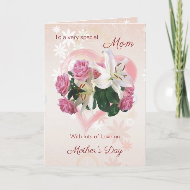 Mother's Day card for Mom with Rose, Lily & Heart (Front)