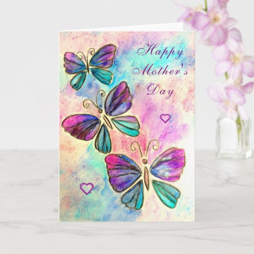 Mothers Day Card Purple Pink Butterflies Flying