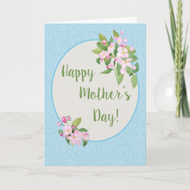 Mother's Day Card with Apple Blossom on Sky Blue (Front)