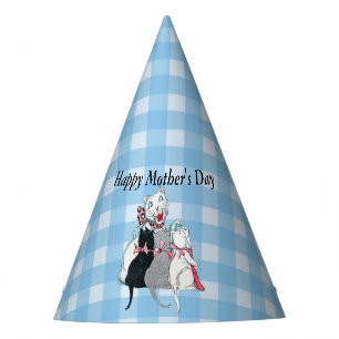 Mothers Day Cat With Her Three Kittens on Plaid Party Hat