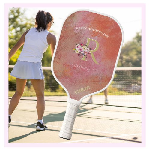 Mothers Day Colorful Floral Custom Monogram Name  Pickleball Paddle