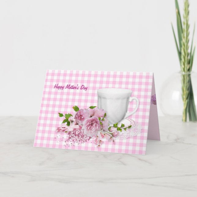 Mother's Day cup and saucer with pink peonies Card (Front)
