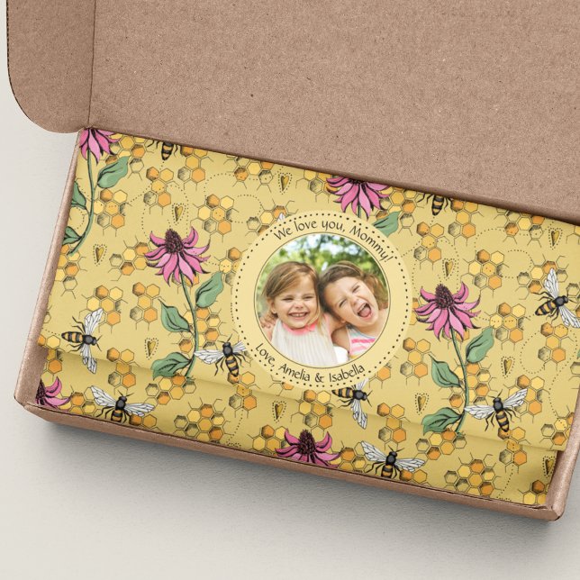 Mothers Day Custom Kids Photo Royal Queen Bee Tissue Paper (Mother's Day Custom Photo and 2 Texts Fun Queen Bee, Honeycomb and Flowers Tissue Paper. So cute!)