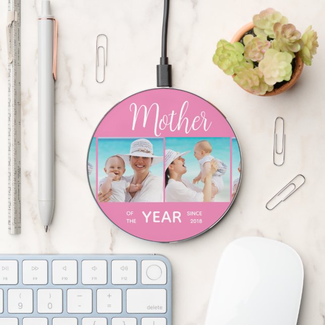 Mothers Day Custom Photo Collage Mother Of Year Wireless Charger (Desk)
