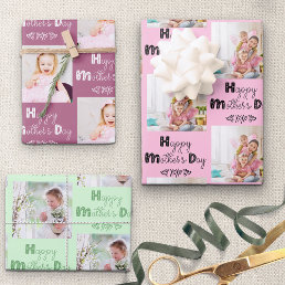 Mothers Day Custom Photo Pink Mint Set of 3 Wrapping Paper Sheets