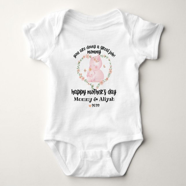 Mother's Day Cute Personalized Pink Floral Pigs Baby Bodysuit (Front)