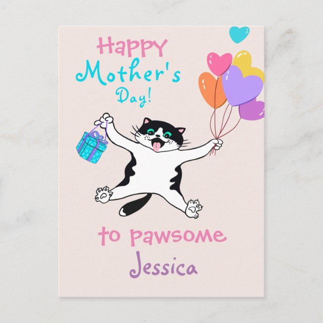 Mother's Day Cute Tuxedo Kitty Colorful Balloons Postcard (Front)