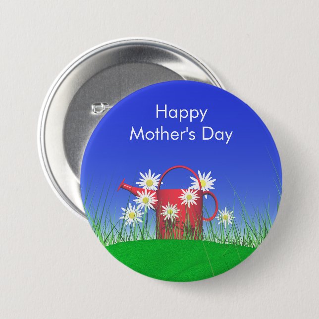 Mothers Day Daisies and Watering Can Pinback Button (Front & Back)