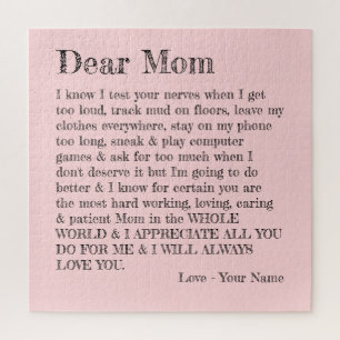 Mothers Day Dear Mom Letter Pink Typography Jigsaw Puzzle