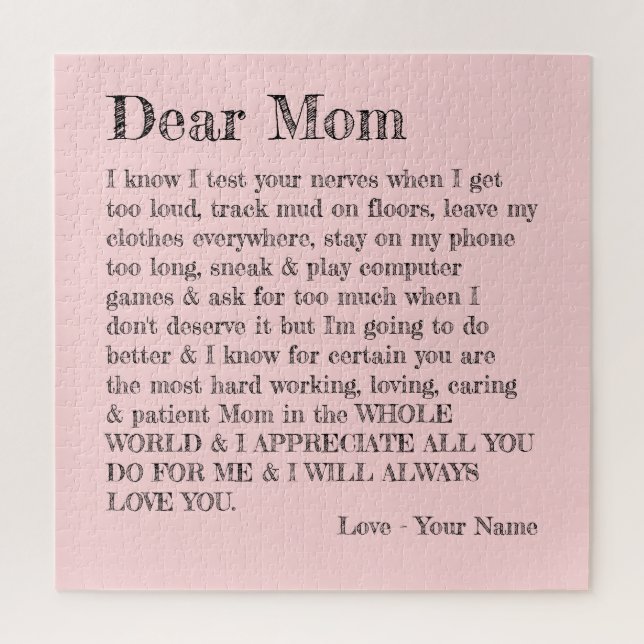 Mothers Day Dear Mom Letter Pink Typography Jigsaw Puzzle (Vertical)