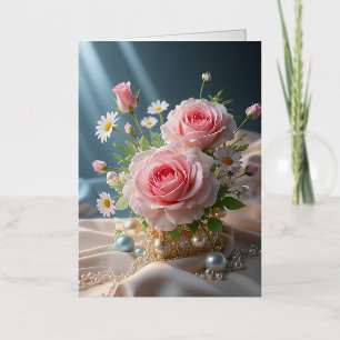 Mothers day Delicate pink roses and white daisies Foil Greeting Card