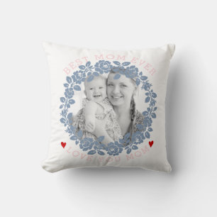 Mothers Day dusty blue rose wreath pink photo Throw Pillow