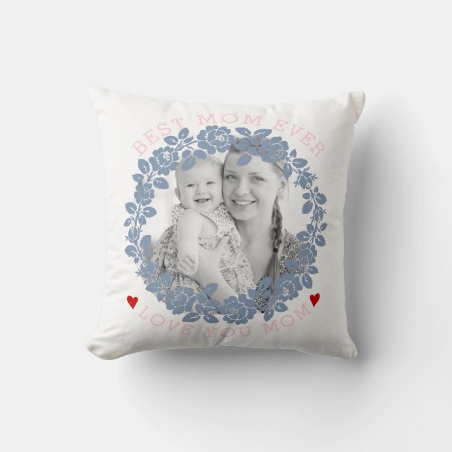Mothers Day dusty blue rose wreath pink photo Throw Pillow (Front)