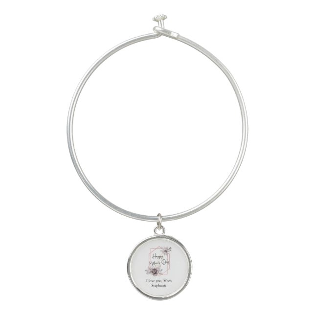 Mother's day Elegant Gray Pink Floral Personalized Bangle Bracelet (Front)