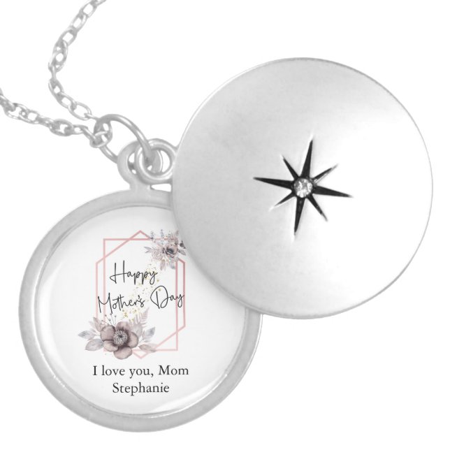 Mother's day Elegant Gray Pink Floral Personalized Locket Necklace (Front)