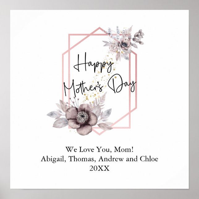 Mother's day Elegant Gray Pink Floral Personalized Poster (Front)