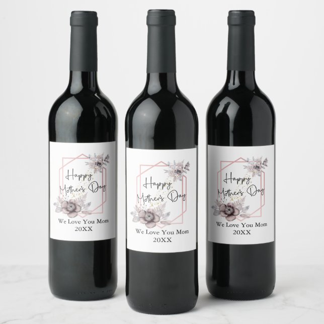 Mother's day Elegant Gray Pink Floral Personalized Wine Label (Bottles)