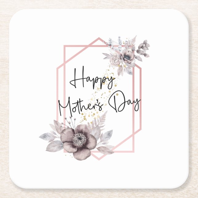 Mother's day Elegant Gray Pink Floral  Square Paper Coaster (Front)