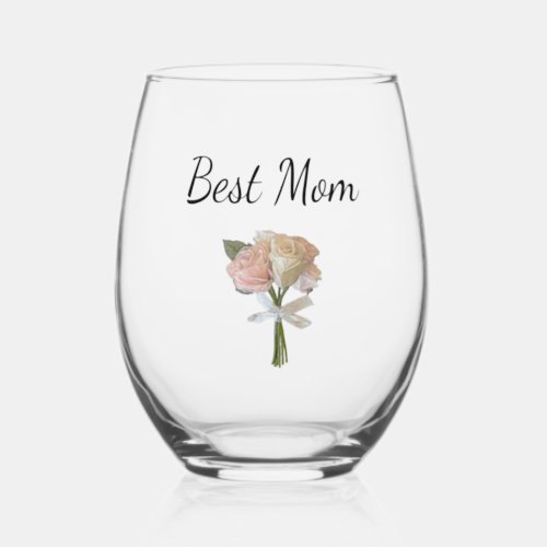 Mothers Day Elegant Pink Floral Roses Stemless Wine Glass