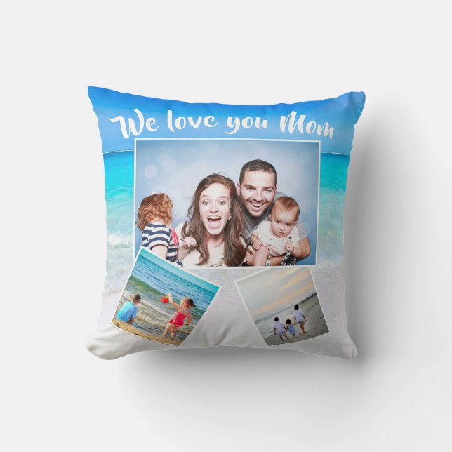 Mothers Day Family Photo Scattered Beach Theme Throw Pillow (Front)