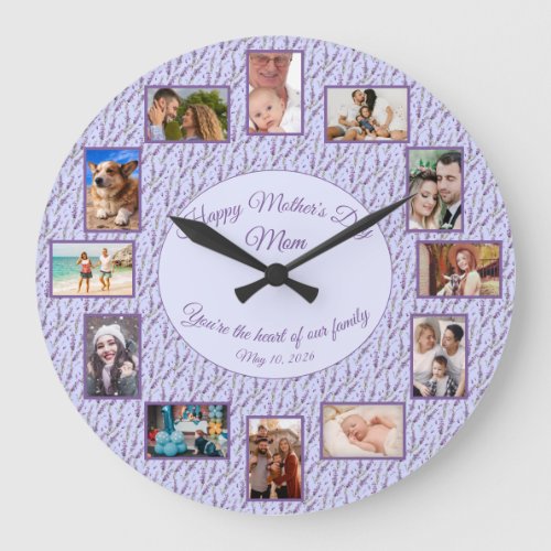 Mothers Day Family Photo Template Lavender Large Clock