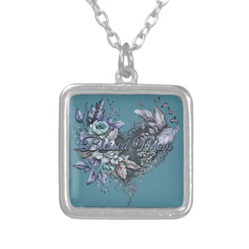 Mothers Day Floral Heart Blessed Mom Blue  Teal Silver Plated Necklace