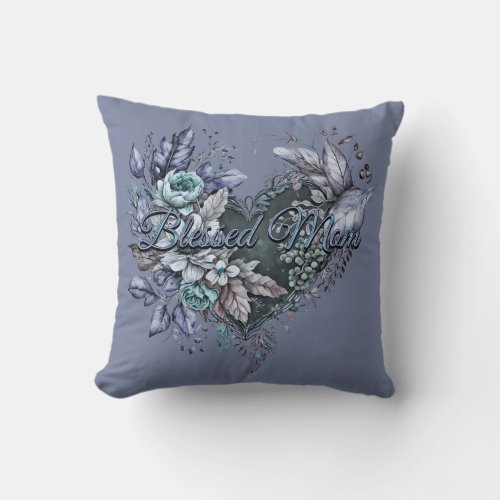 Mothers Day Floral Heart Blessed Mom Blue  Teal Throw Pillow