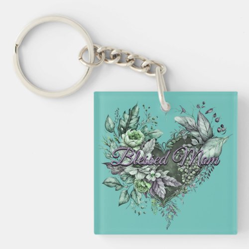 Mothers Day Floral Heart Blessed Mom Green Keychain