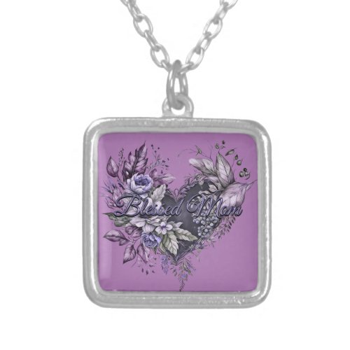 Mothers Day Floral Heart Blessed Mom Lavender Silver Plated Necklace