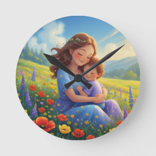 Mothers Day Floral Sweet And Cute Customizable Round Clock